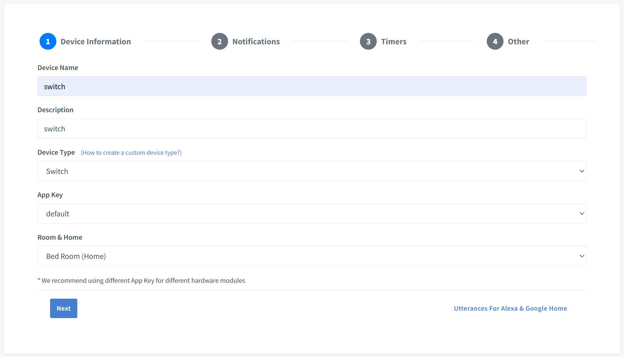 Sinric Pro device creation info